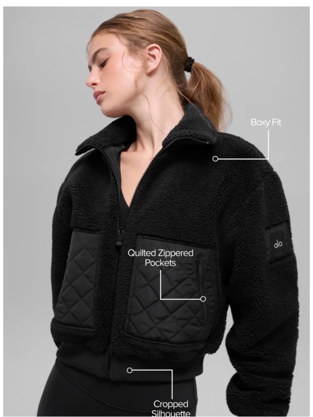 ALO Yoga Black Quilted-Pocket Sherpa Jacket